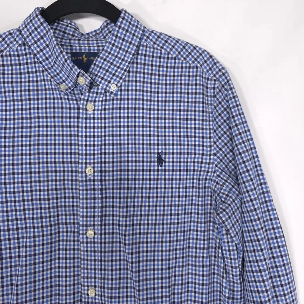 RALPH LAUREN Boys Shirt XL‎ 18-20 Long Sleeve Multicolor Plaid Blue Check Cotton